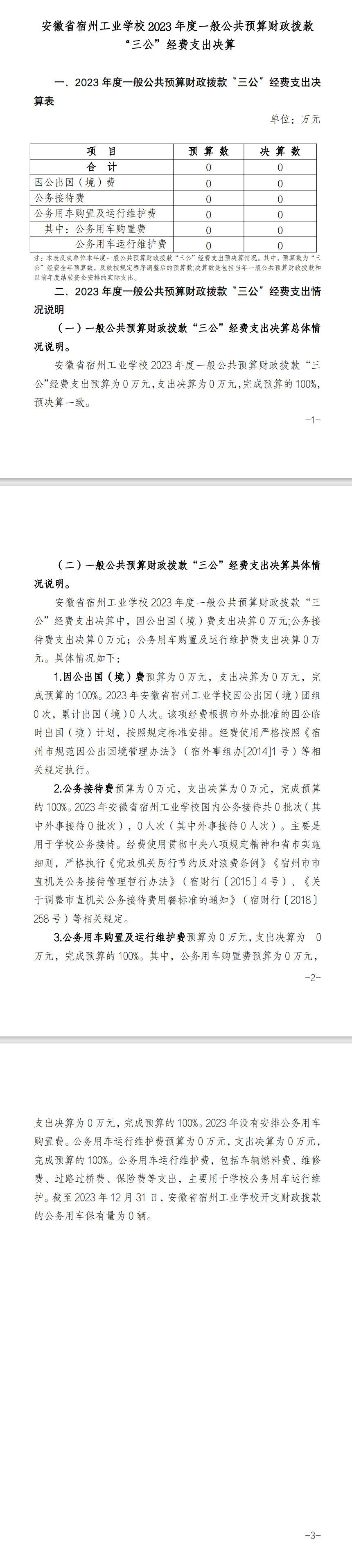 安徽省宿州工业学校2023年三公经费支出决算公开(图1)