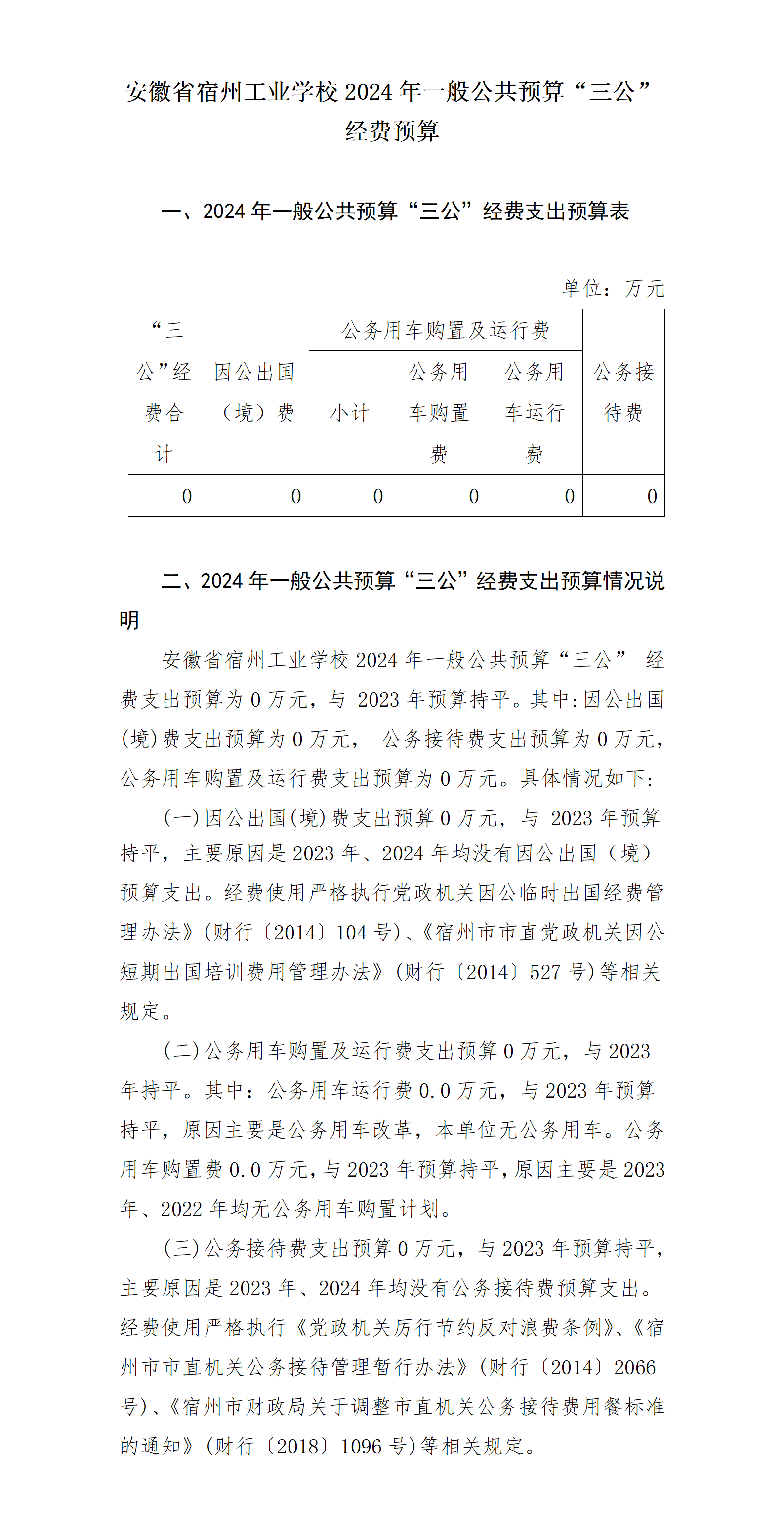 安徽省宿州工业学校 2024 年单位三公经费预算公开(图1)