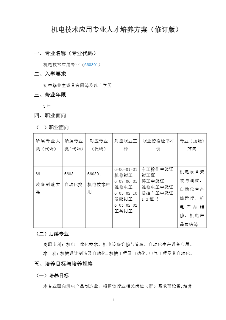 安徽省宿州工业学校机电技术应用专业人才培养方案(图1)