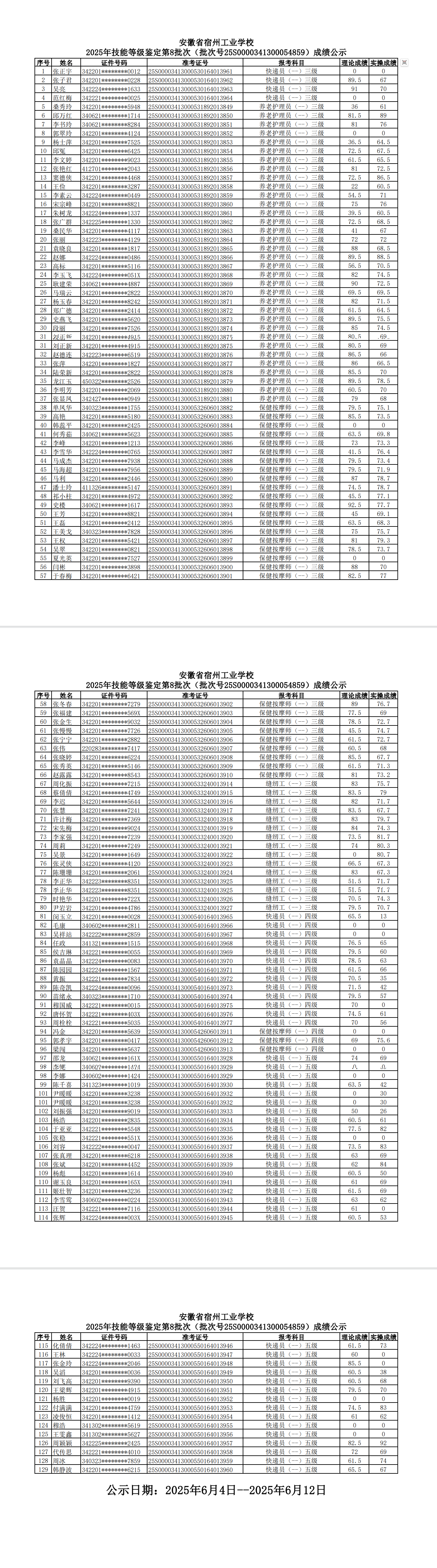 安徽省宿州工业学校2025年技能等级鉴定第8批次（批次号25S0000341300054859）成绩公示(图1)